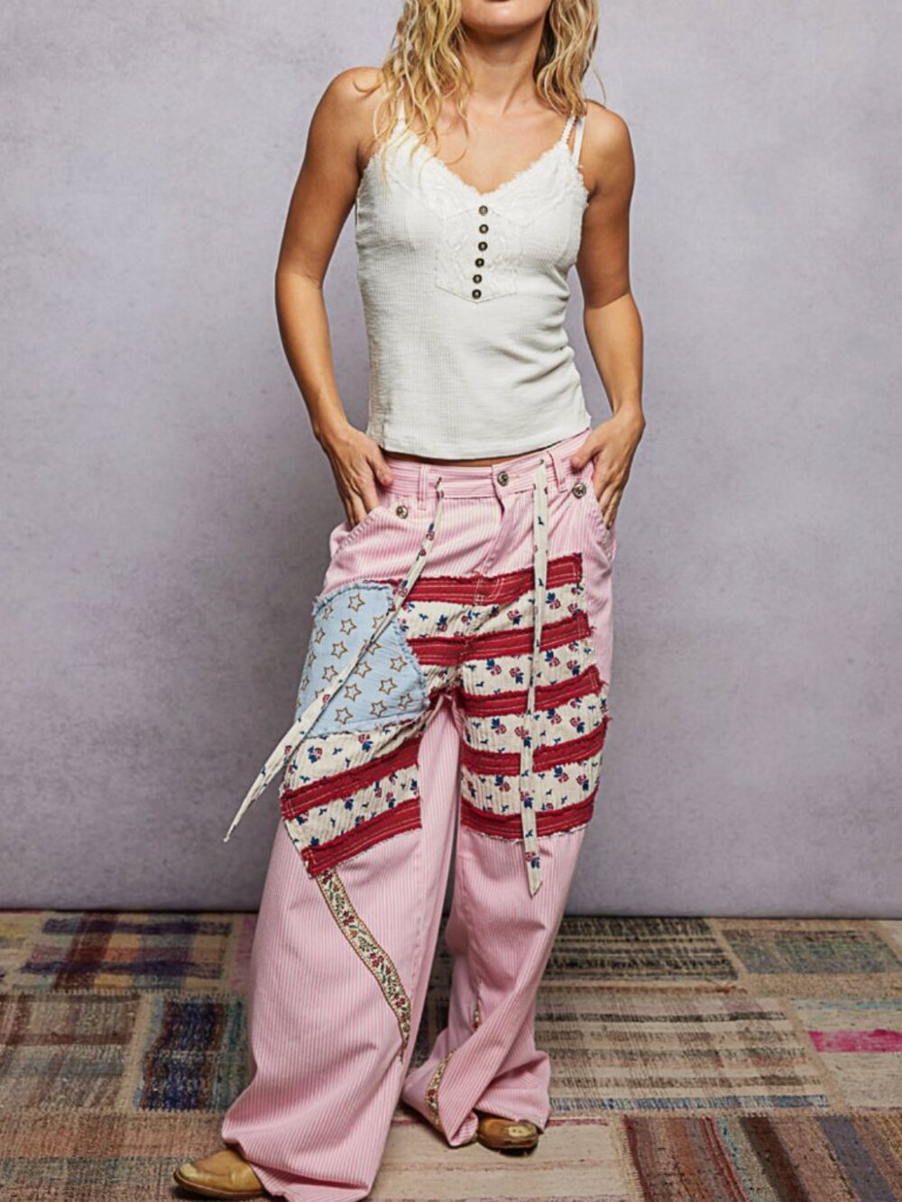 POL American Flag Patch Star Embroidered Wide Leg Pants Pink NWT